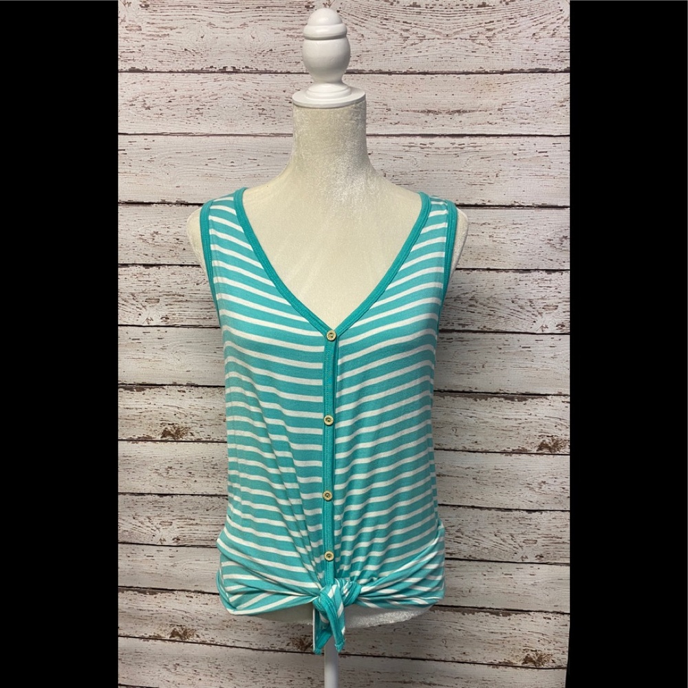 Teal v-neck tank top with buttons and front tie.